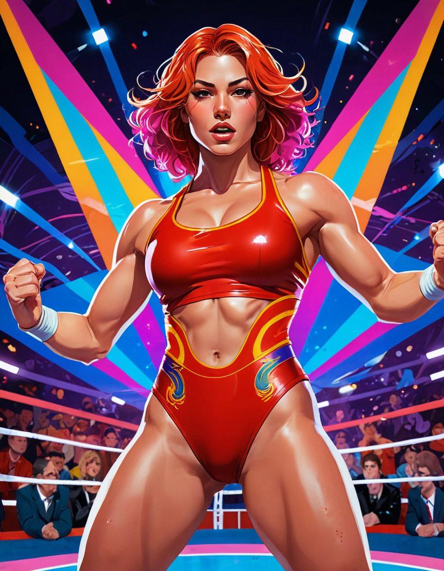 A dynamic illustration featuring a powerful female wrestler in a colorful arena, her fierce expression captivating the audience. Surrounding her are whimsical, seductive characters inspired by the aesthetic of Hentai, showcasing playful and vibrant designs. The background is filled with bold, energetic hues that enhance the allure of the scene while maintaining a tastefully suggestive atmosphere. Emphasize a blend of action and fantasy elements, creating an engaging visual narrative. vibrant colors. super-realistic.