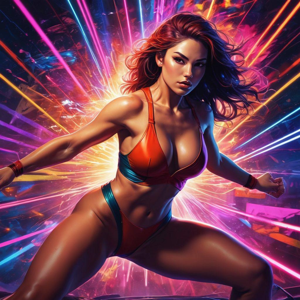 A striking collage featuring a powerful wrestling diva in an animated pose, surrounded by a vibrant, electric atmosphere filled with colorful lights. In the background, subtle hints of Hentai art style elements intermingle with the wrestling scene, evoking a blend of desire and empowerment. The colors are bold and dynamic, capturing the intensity of both worlds. The overall feel should be edgy yet playful, inviting intrigue and fascination. digital art. vibrant colors. edgy style.